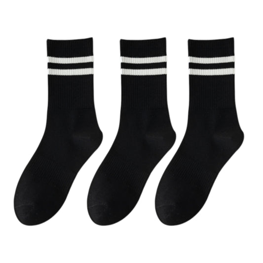 3-Pack Women's Cotton Crew Socks with Sporty Double Stripe Design in Assorted Colors