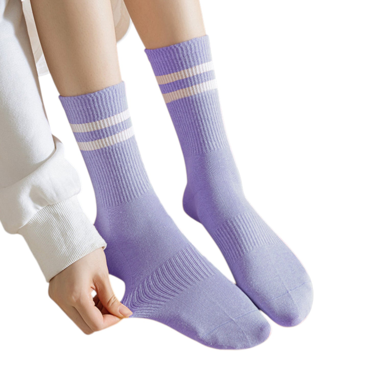 3-Pack Women's Cotton Crew Socks with Sporty Double Stripe Design in Assorted Colors