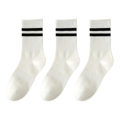 3-Pack Women's Cotton Crew Socks with Sporty Double Stripe Design in Assorted Colors