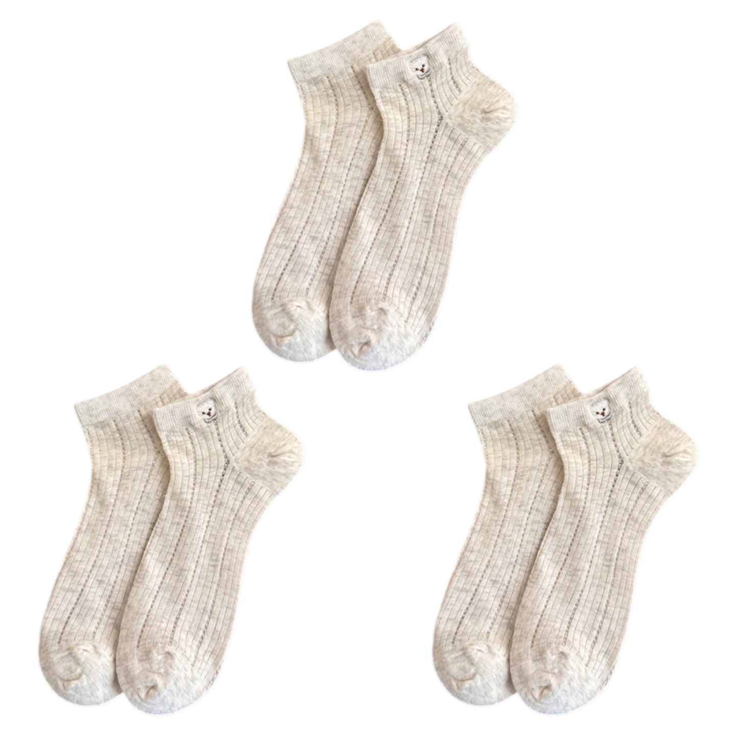 3-Pack Women's Ribbed Cotton Ankle Socks with Embroidered Bear and Moisture-Wicking Comfort