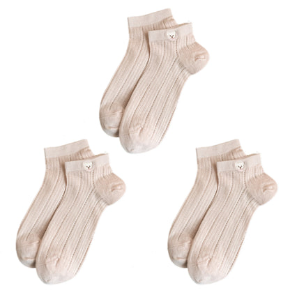 3-Pack Women's Ribbed Cotton Ankle Socks with Embroidered Bear and Moisture-Wicking Comfort