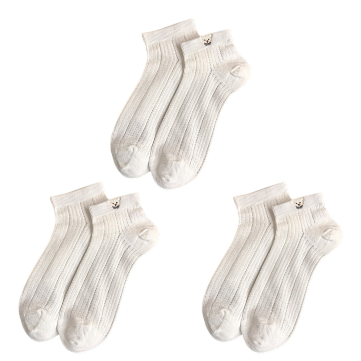 3-Pack Women's Ribbed Cotton Ankle Socks with Embroidered Bear and Moisture-Wicking Comfort