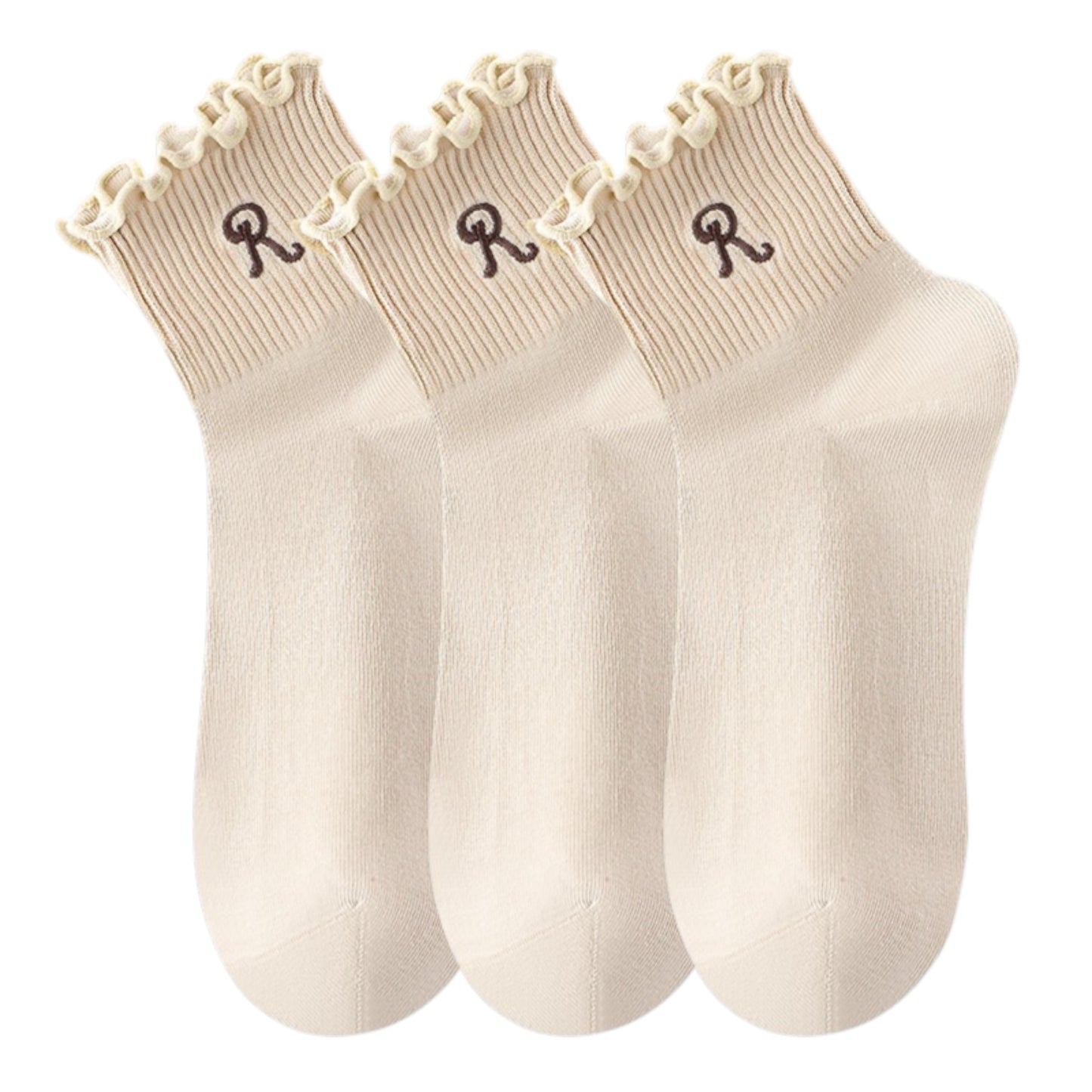 3-Pack Women's Crew Socks with Ruffle Lettuce Edge Trim and Delicate Embroidered Detail