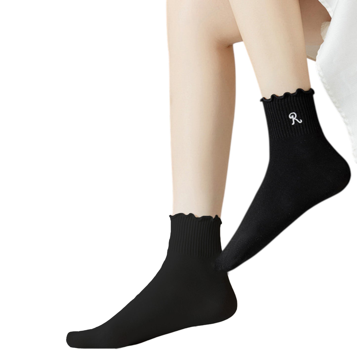 3-Pack Women's Crew Socks with Ruffle Lettuce Edge Trim and Delicate Embroidered Detail