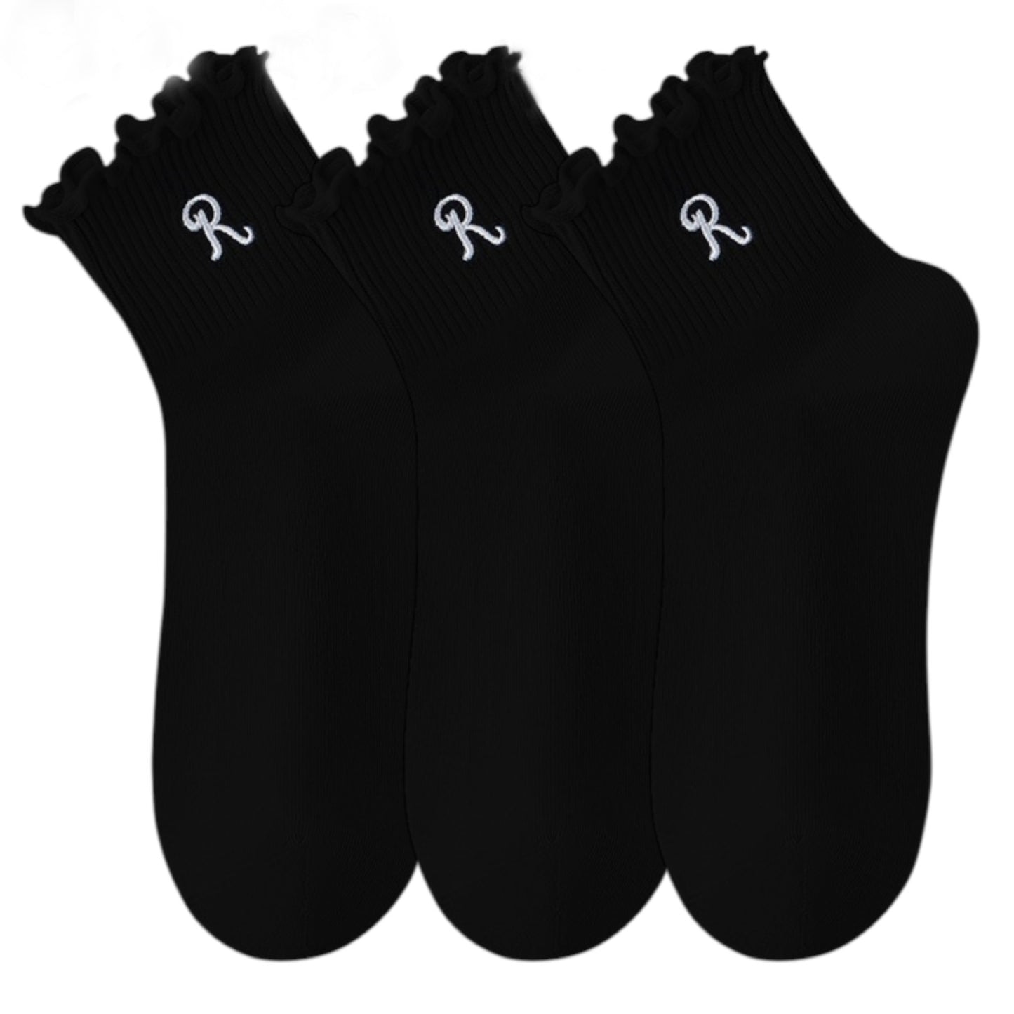 3-Pack Women's Crew Socks with Ruffle Lettuce Edge Trim and Delicate Embroidered Detail