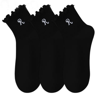 3-Pack Women's Crew Socks with Ruffle Lettuce Edge Trim and Delicate Embroidered Detail