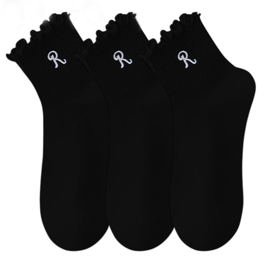 3-Pack Women's Crew Socks with Ruffle Lettuce Edge Trim and Delicate Embroidered Detail