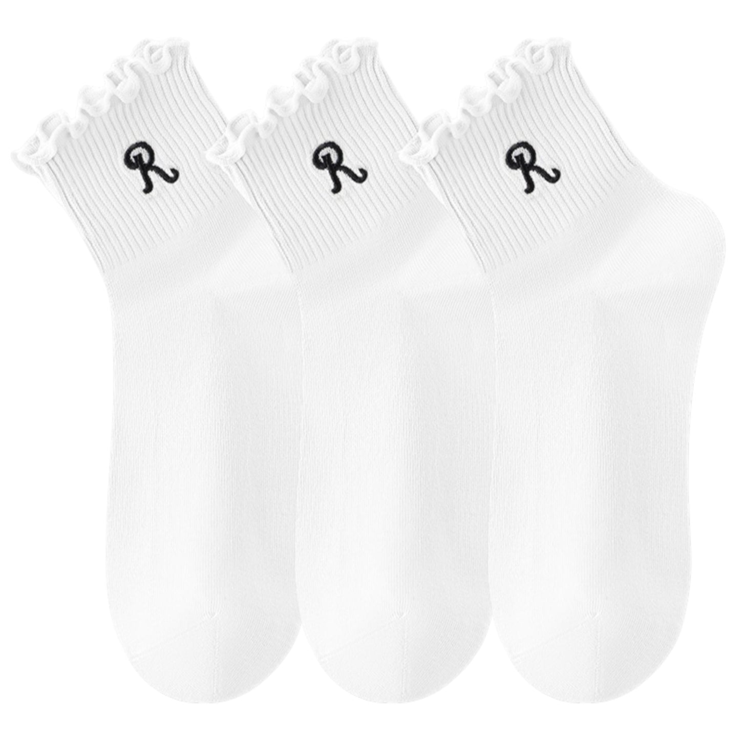 3-Pack Women's Crew Socks with Ruffle Lettuce Edge Trim and Delicate Embroidered Detail