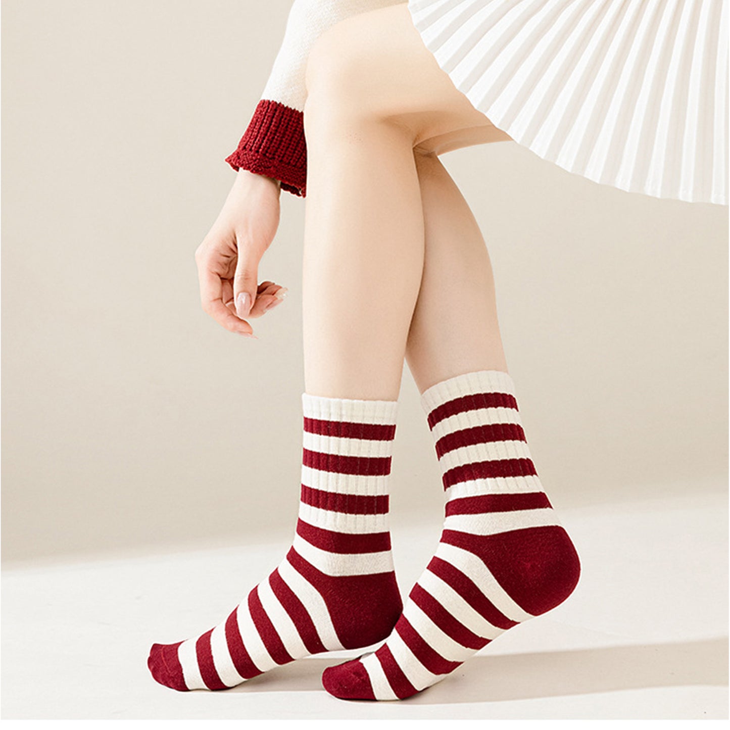 4 Pairs Striped and Solid Knit Socks with Bow Embroidery Ribbed Cuffs and Soft Stretch Fabric