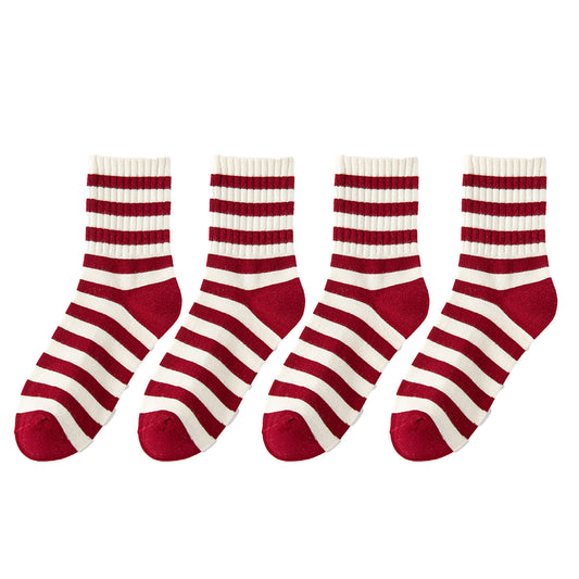 4 Pairs Striped and Solid Knit Socks with Bow Embroidery Ribbed Cuffs and Soft Stretch Fabric