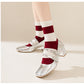 4 Pairs Striped and Solid Knit Socks with Bow Embroidery Ribbed Cuffs and Soft Stretch Fabric