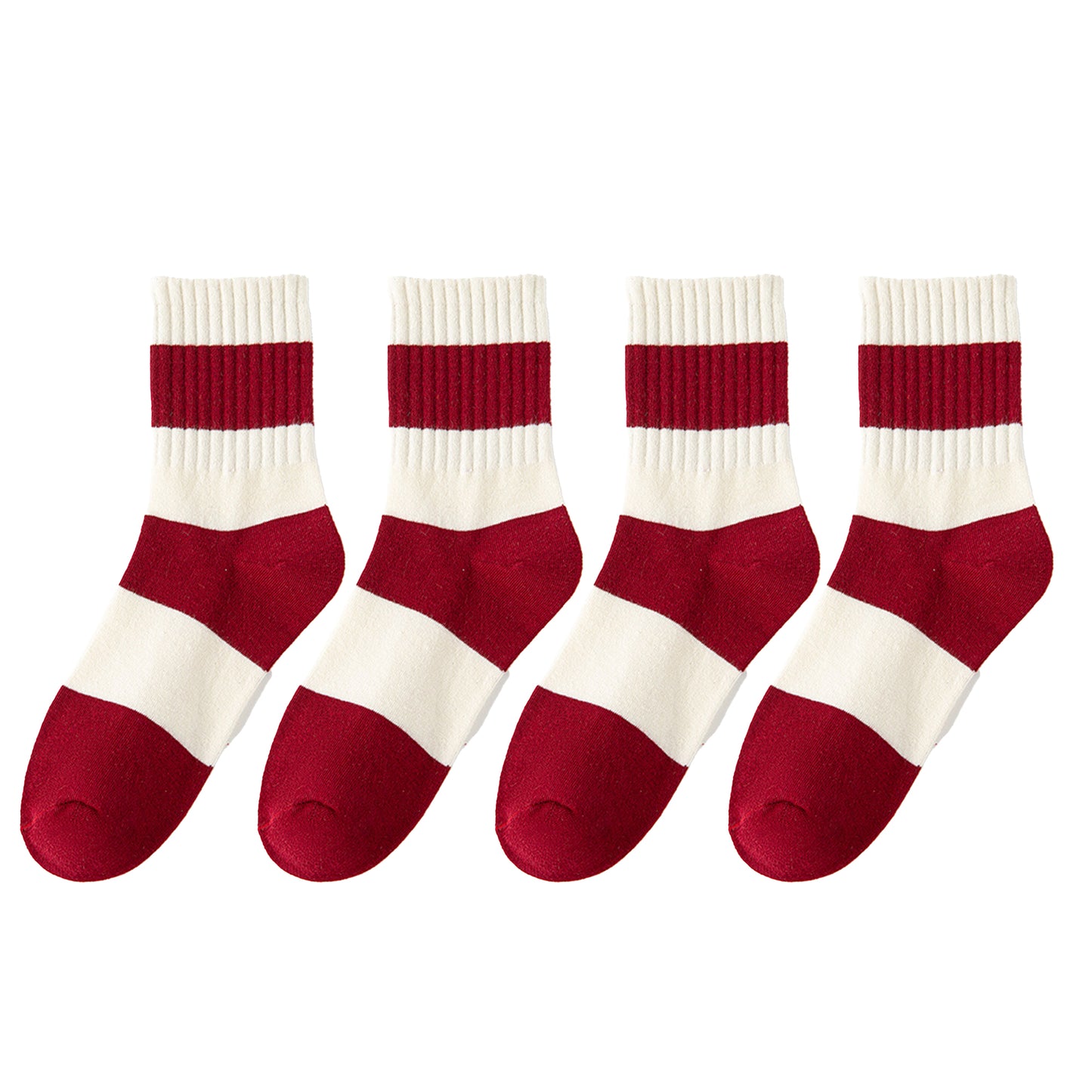 4 Pairs Striped and Solid Knit Socks with Bow Embroidery Ribbed Cuffs and Soft Stretch Fabric