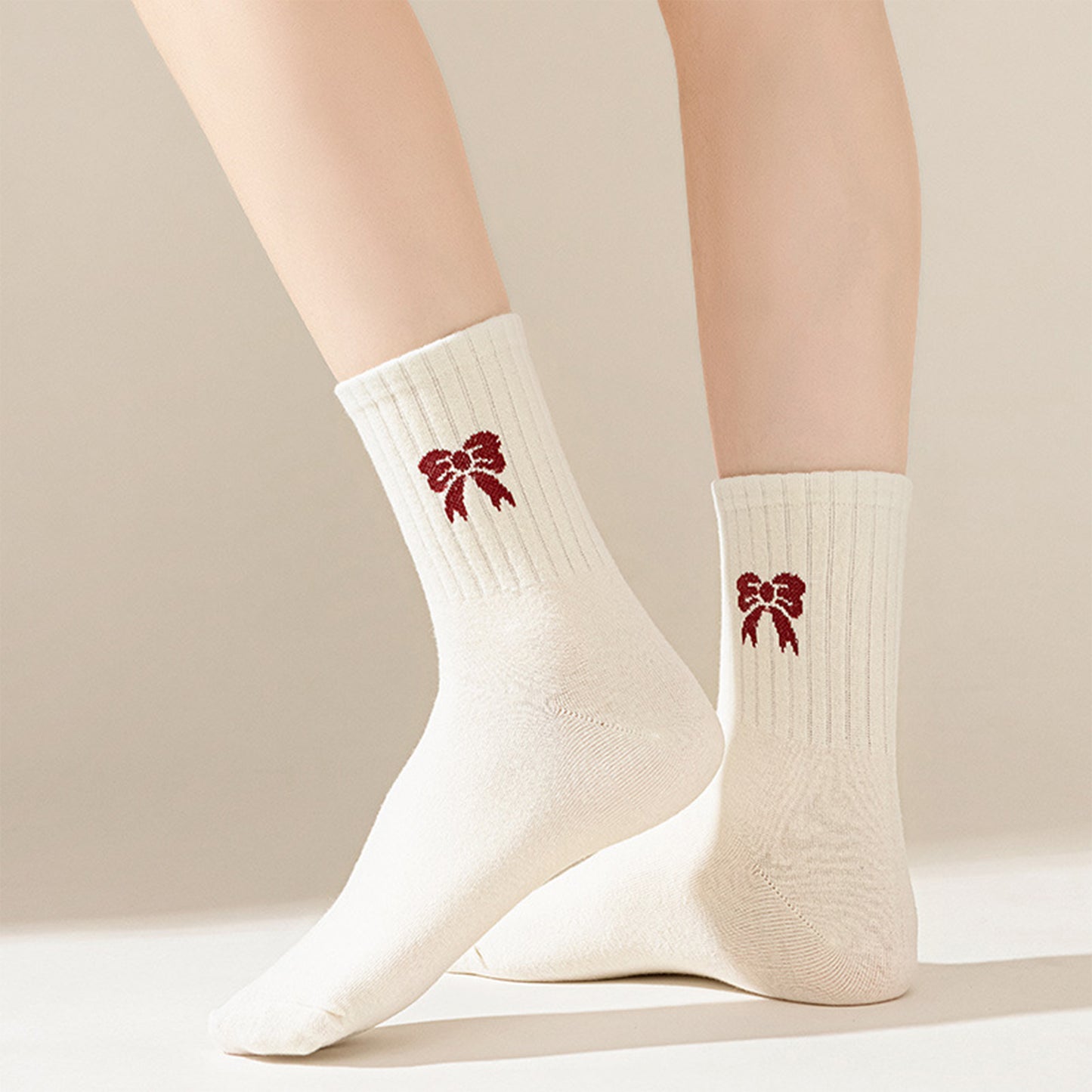4 Pairs Striped and Solid Knit Socks with Bow Embroidery Ribbed Cuffs and Soft Stretch Fabric
