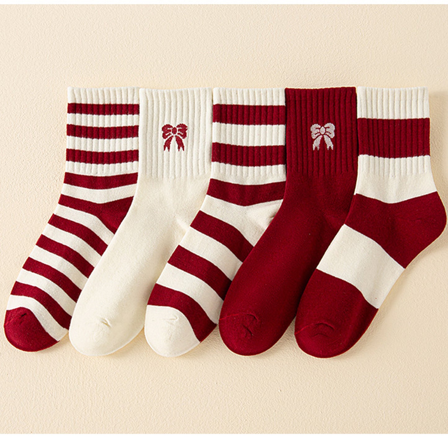 4 Pairs Striped and Solid Knit Socks with Bow Embroidery Ribbed Cuffs and Soft Stretch Fabric