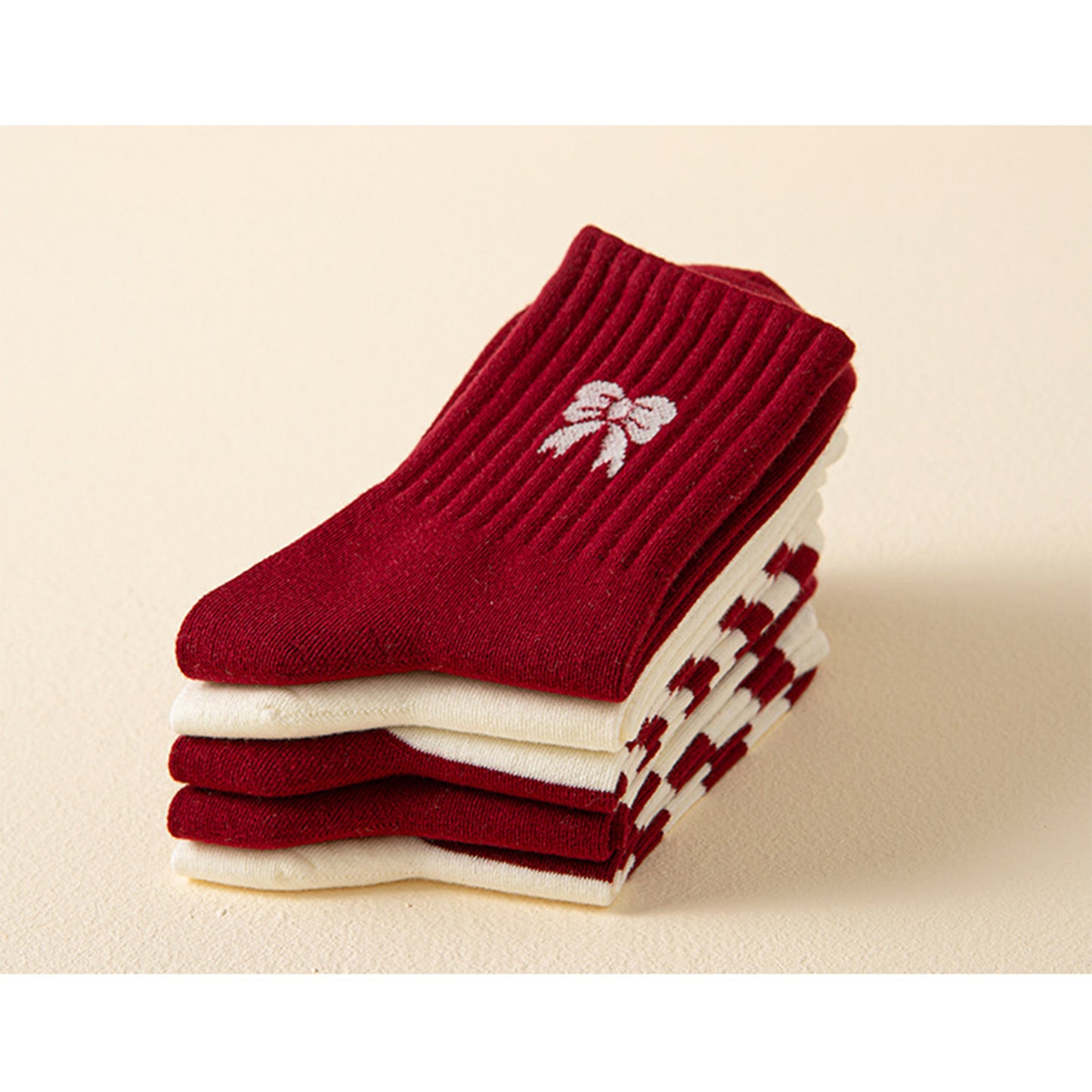 4 Pairs Striped and Solid Knit Socks with Bow Embroidery Ribbed Cuffs and Soft Stretch Fabric