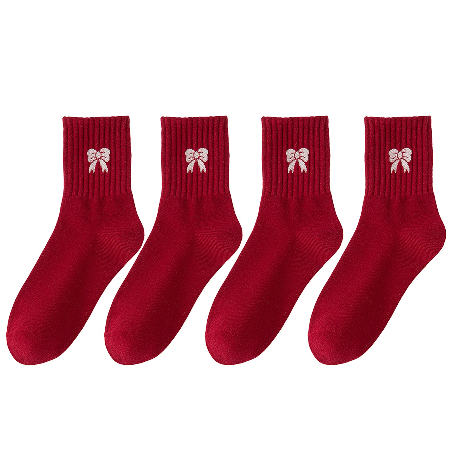 4 Pairs Striped and Solid Knit Socks with Bow Embroidery Ribbed Cuffs and Soft Stretch Fabric