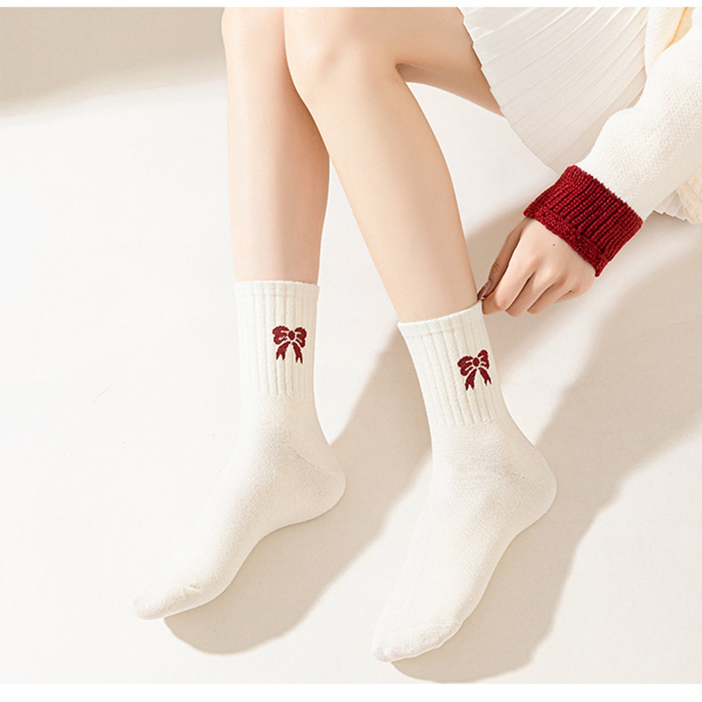 4 Pairs Striped and Solid Knit Socks with Bow Embroidery Ribbed Cuffs and Soft Stretch Fabric