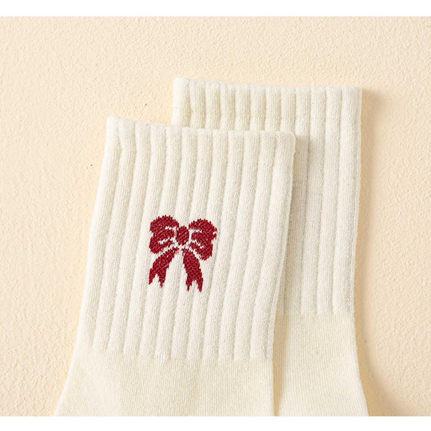 4 Pairs Striped and Solid Knit Socks with Bow Embroidery Ribbed Cuffs and Soft Stretch Fabric