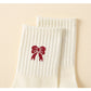 4 Pairs Striped and Solid Knit Socks with Bow Embroidery Ribbed Cuffs and Soft Stretch Fabric