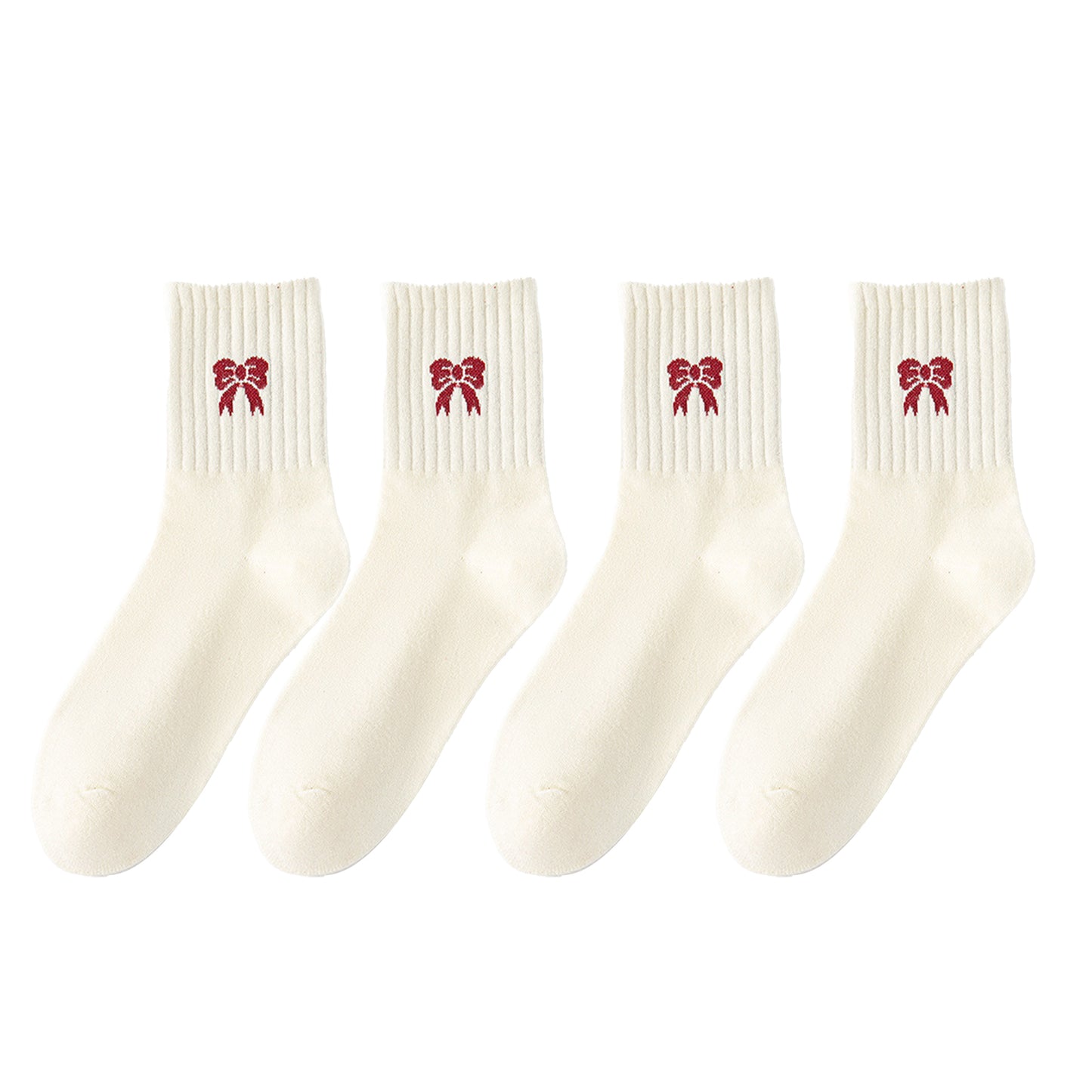 4 Pairs Striped and Solid Knit Socks with Bow Embroidery Ribbed Cuffs and Soft Stretch Fabric