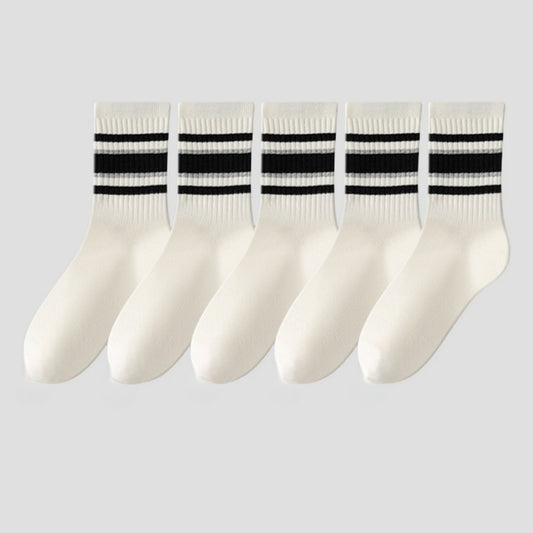 5-Pack Crew Socks Set with Ribbed Knit Texture and Classic Double Stripe Design
