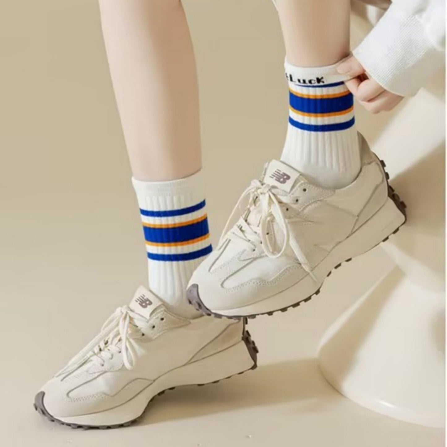 5-Pack Crew Socks Set with Ribbed Knit Texture and Classic Double Stripe Design