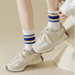 5-Pack Crew Socks Set with Ribbed Knit Texture and Classic Double Stripe Design