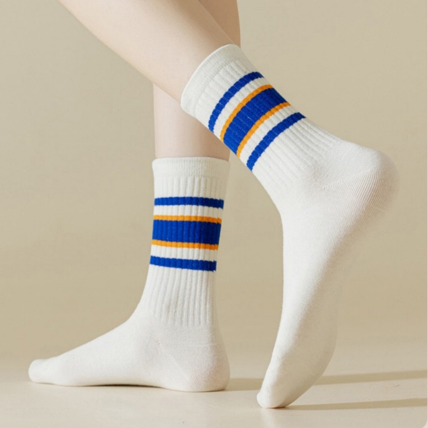 5-Pack Crew Socks Set with Ribbed Knit Texture and Classic Double Stripe Design