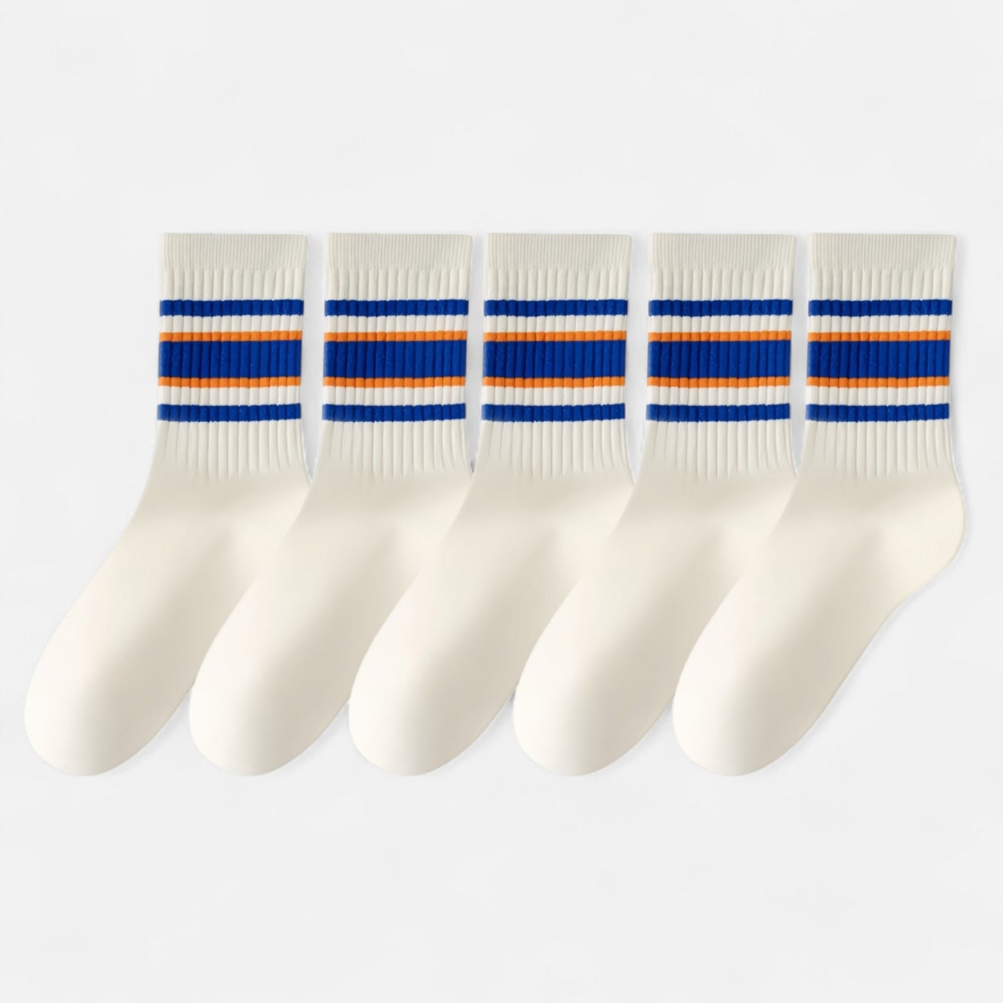 5-Pack Crew Socks Set with Ribbed Knit Texture and Classic Double Stripe Design