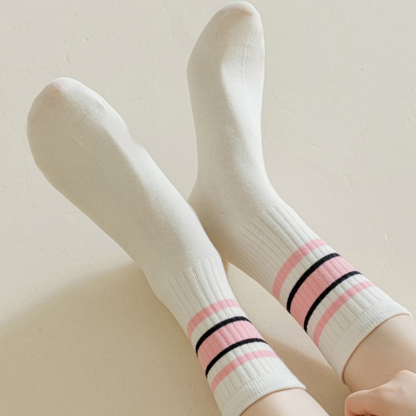 5-Pack Crew Socks Set with Ribbed Knit Texture and Classic Double Stripe Design