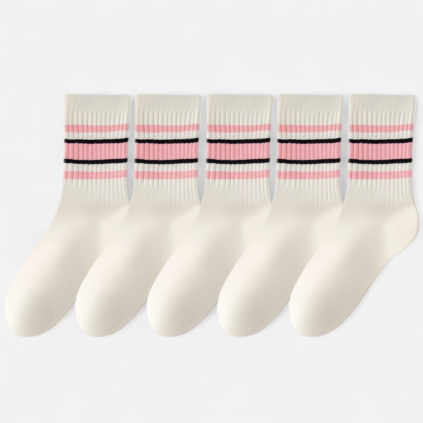 5-Pack Crew Socks Set with Ribbed Knit Texture and Classic Double Stripe Design