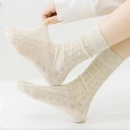 3-Pair Ribbed Crew Socks with Embroidered Bow Knit Texture in Neutral Shades for Everyday Wear