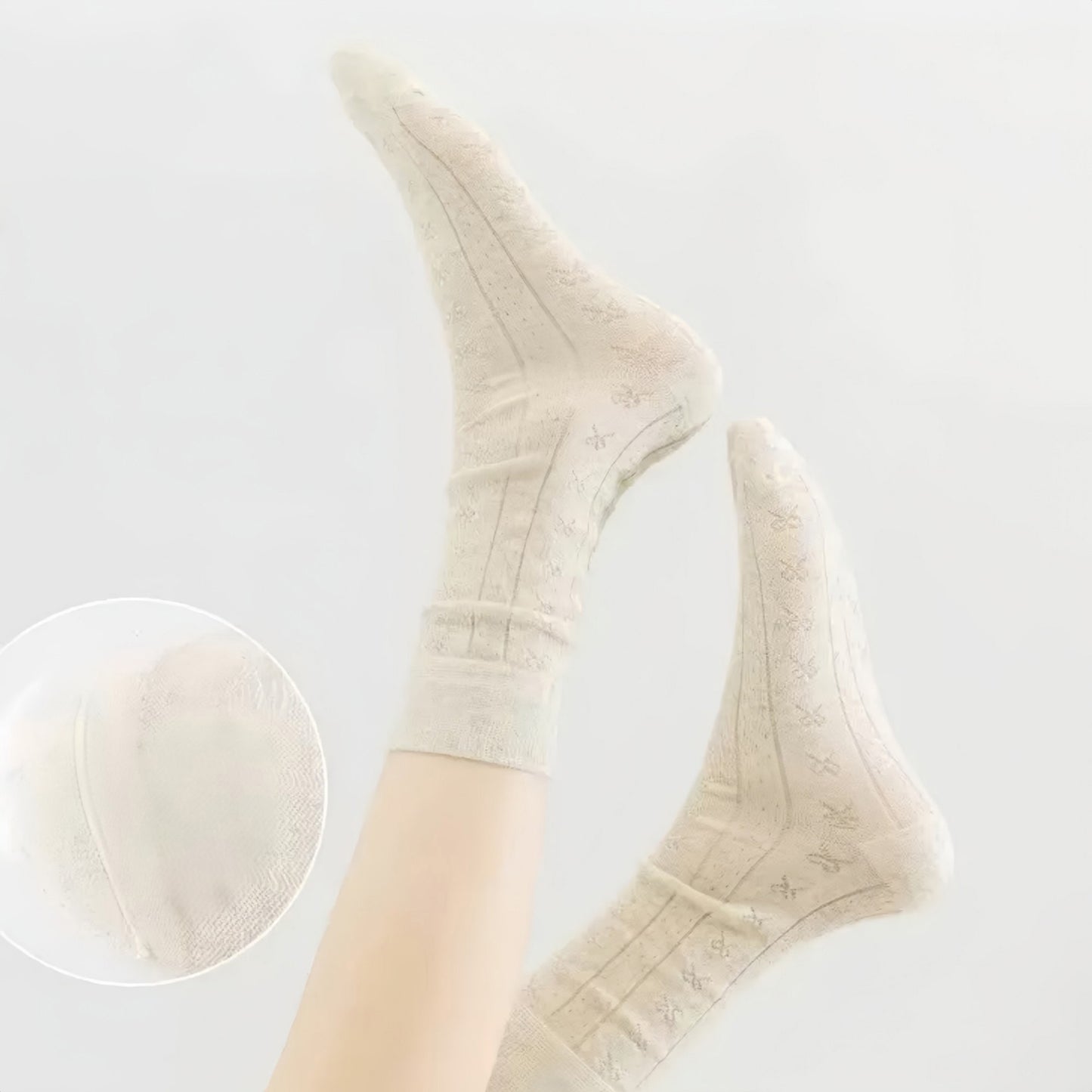 3-Pair Ribbed Crew Socks with Embroidered Bow Knit Texture in Neutral Shades for Everyday Wear