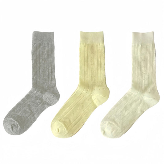 3-Pair Ribbed Crew Socks with Embroidered Bow Knit Texture in Neutral Shades for Everyday Wear