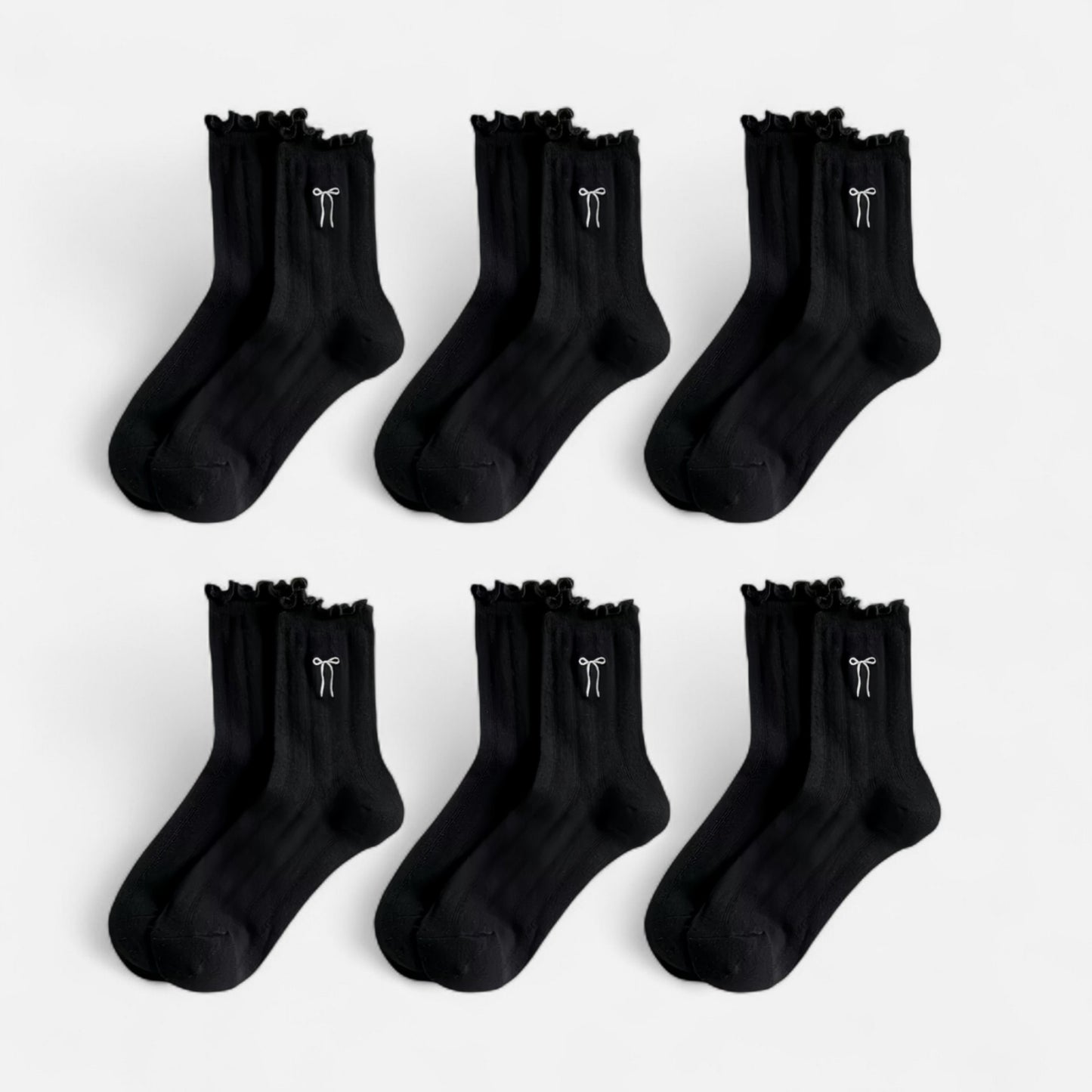 6-Pack Ruffle Trim Crew Socks with Ribbed Texture and Delicate Bow Accent