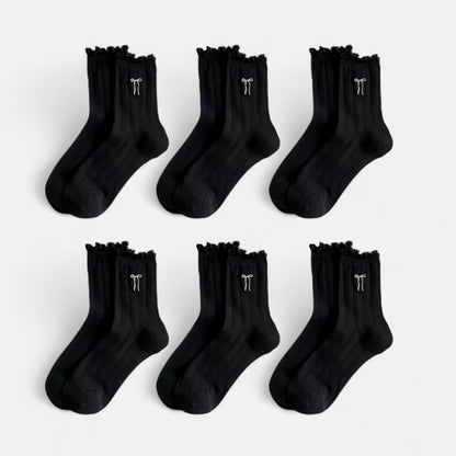 6-Pack Ruffle Trim Crew Socks with Ribbed Texture and Delicate Bow Accent