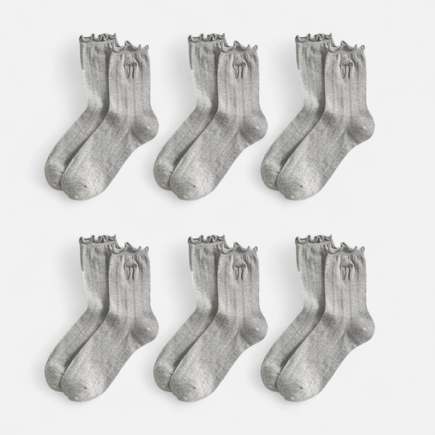 6-Pack Ruffle Trim Crew Socks with Ribbed Texture and Delicate Bow Accent