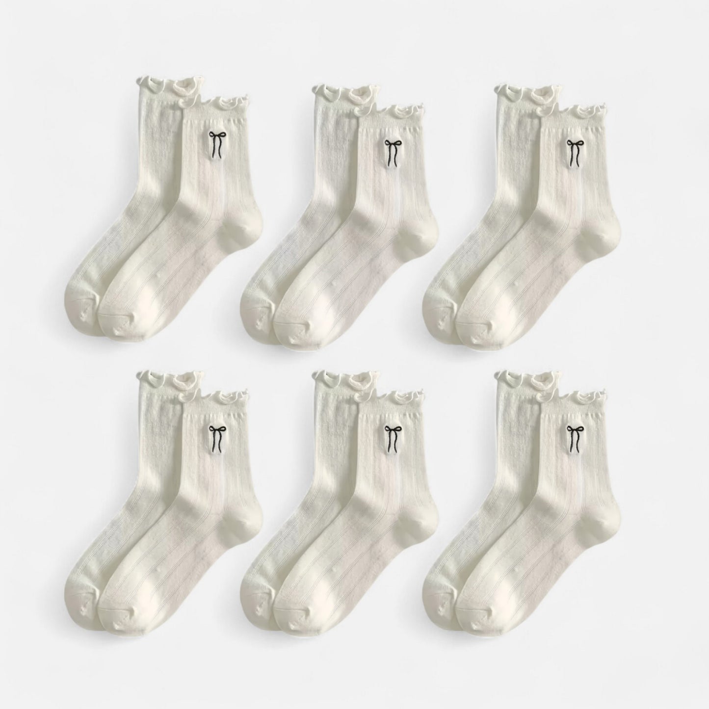 6-Pack Ruffle Trim Crew Socks with Ribbed Texture and Delicate Bow Accent