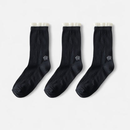 3-Pack Sheer Floral Embroidered Socks with Contrast Ruffle Cuff and Delicate Flower Accents