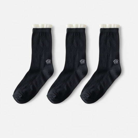 3-Pack Sheer Floral Embroidered Socks with Contrast Ruffle Cuff and Delicate Flower Accents