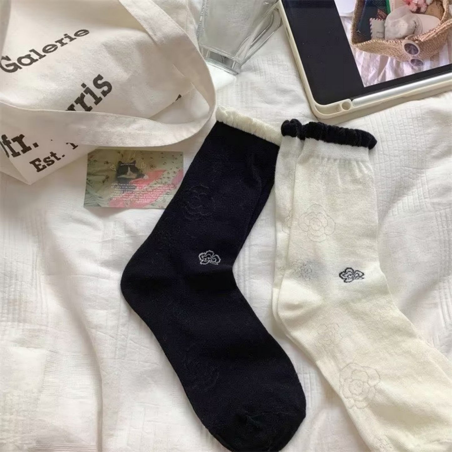 3-Pack Sheer Floral Embroidered Socks with Contrast Ruffle Cuff and Delicate Flower Accents