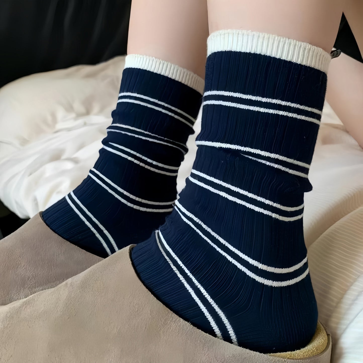 Minimalist Stripe Crew Socks 3-Pack Ribbed and Patterned Design in Neutral Tones
