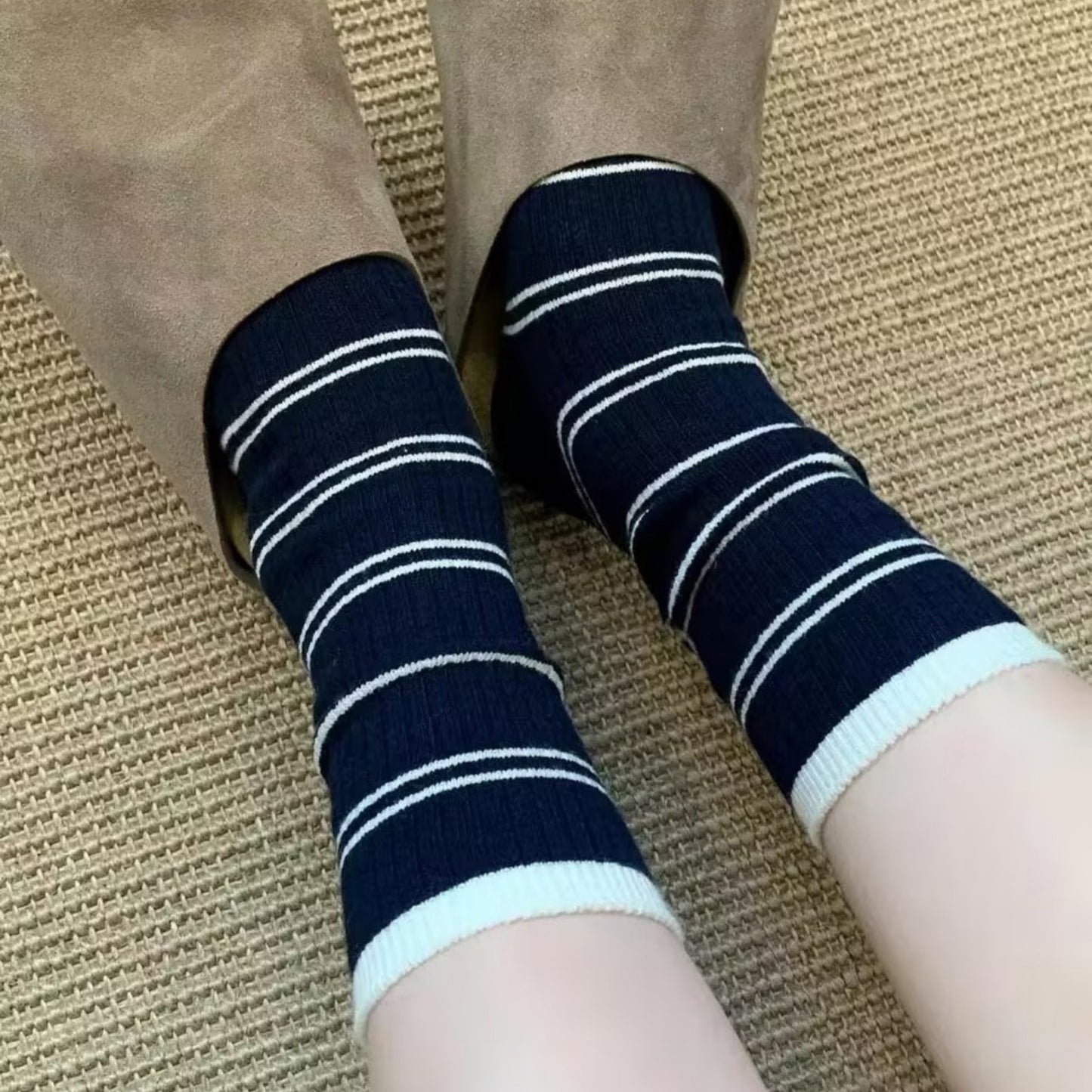 Minimalist Stripe Crew Socks 3-Pack Ribbed and Patterned Design in Neutral Tones