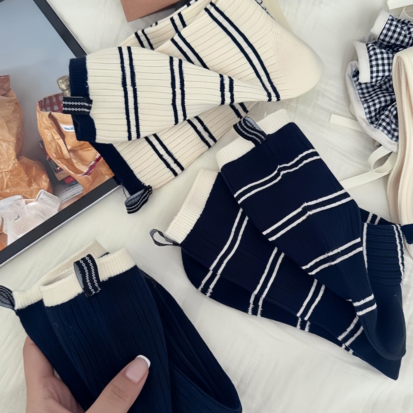 Minimalist Stripe Crew Socks 3-Pack Ribbed and Patterned Design in Neutral Tones