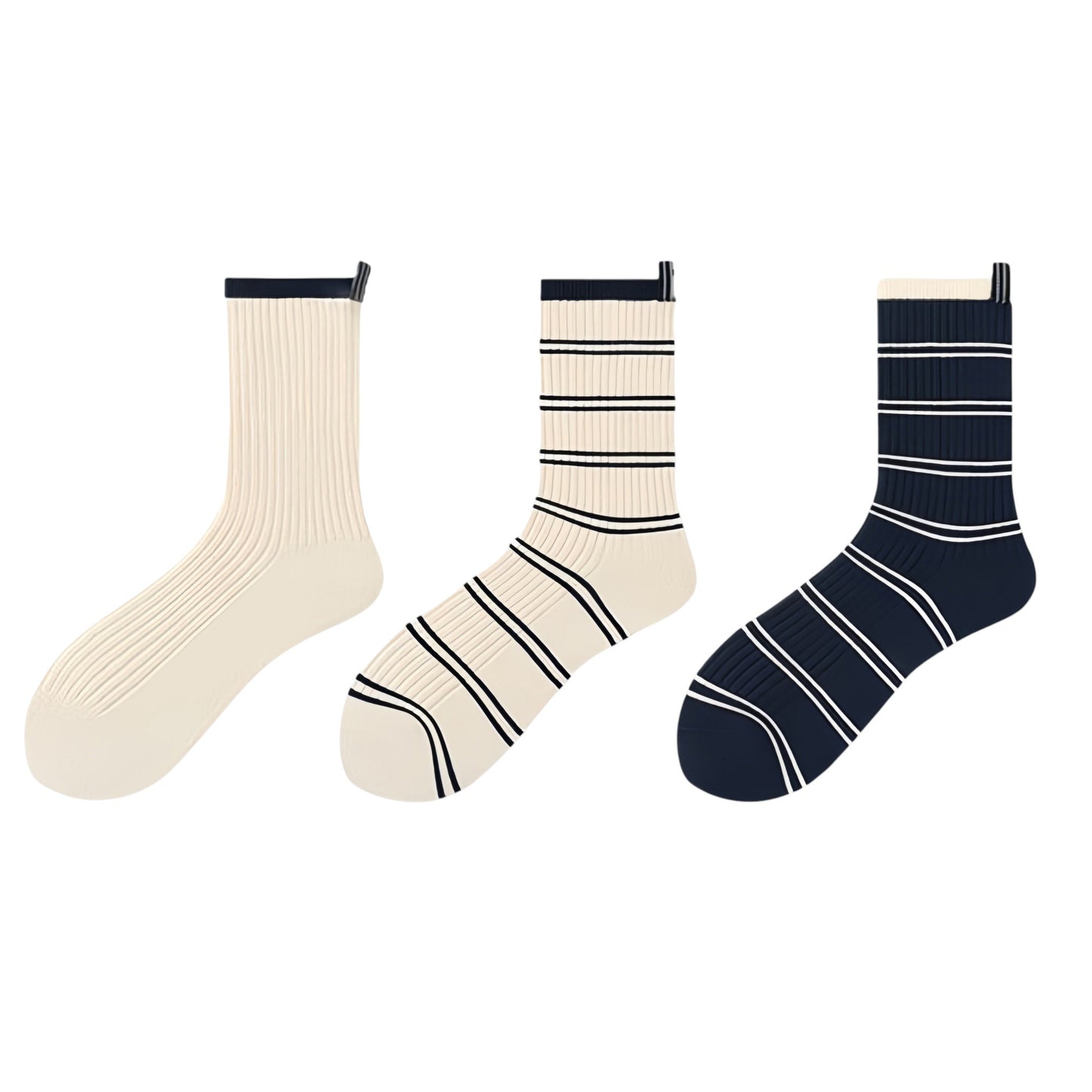 Minimalist Stripe Crew Socks 3-Pack Ribbed and Patterned Design in Neutral Tones