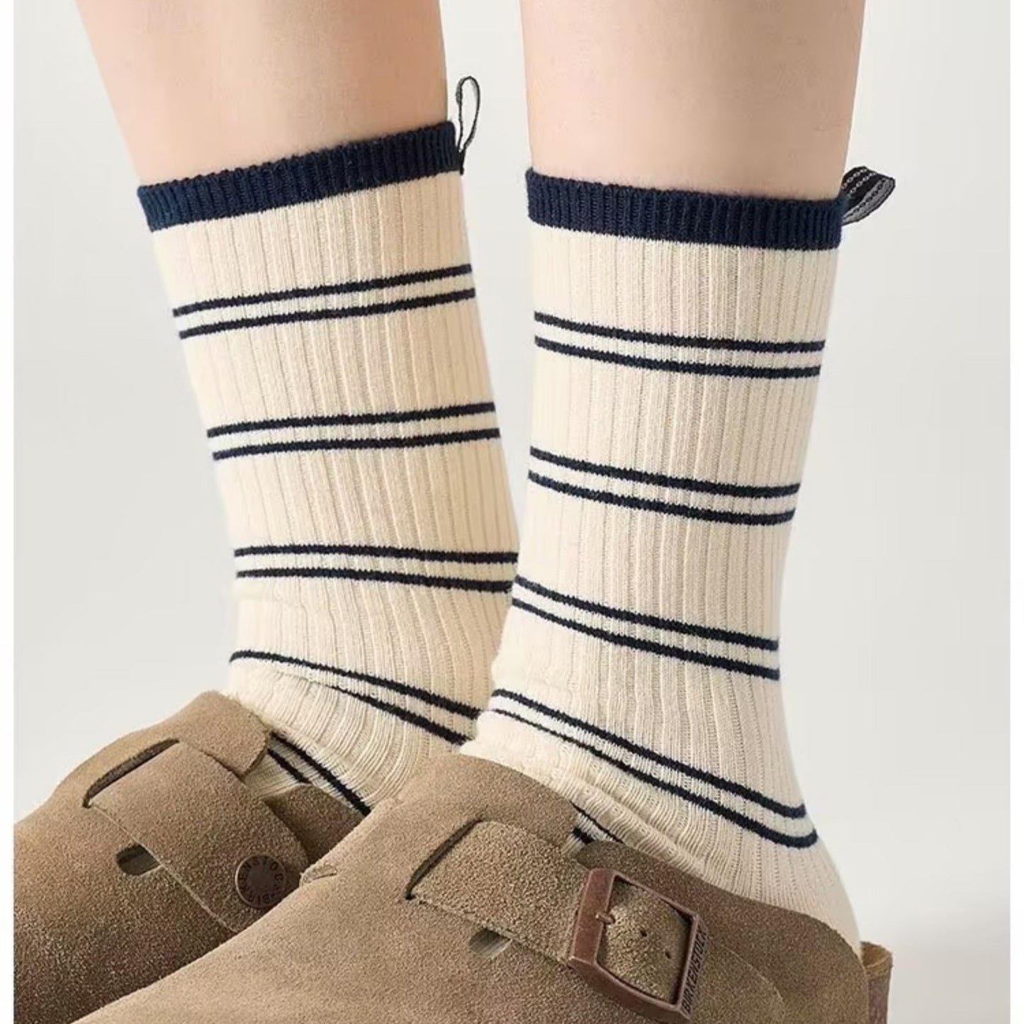 Minimalist Stripe Crew Socks 3-Pack Ribbed and Patterned Design in Neutral Tones