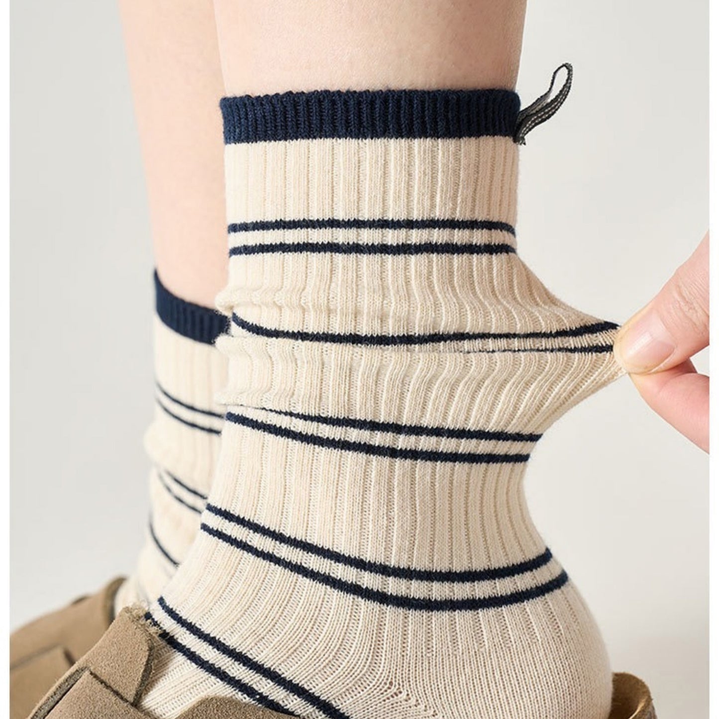Minimalist Stripe Crew Socks 3-Pack Ribbed and Patterned Design in Neutral Tones