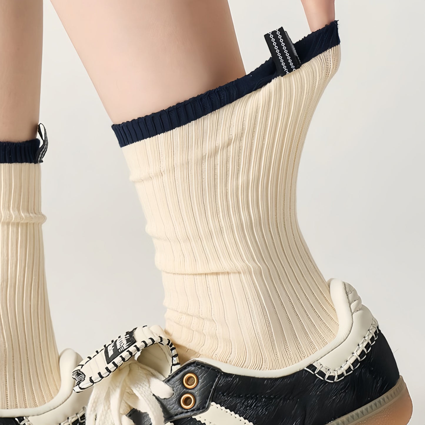 Minimalist Stripe Crew Socks 3-Pack Ribbed and Patterned Design in Neutral Tones