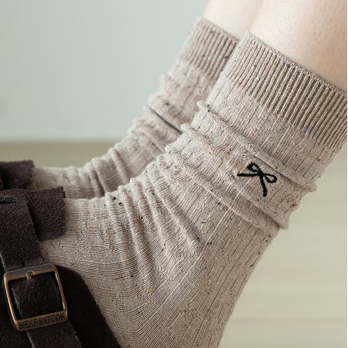 3-Pack Ribbed Crew Socks with Subtle Flecked Texture and Mini Embroidered Bow Accent