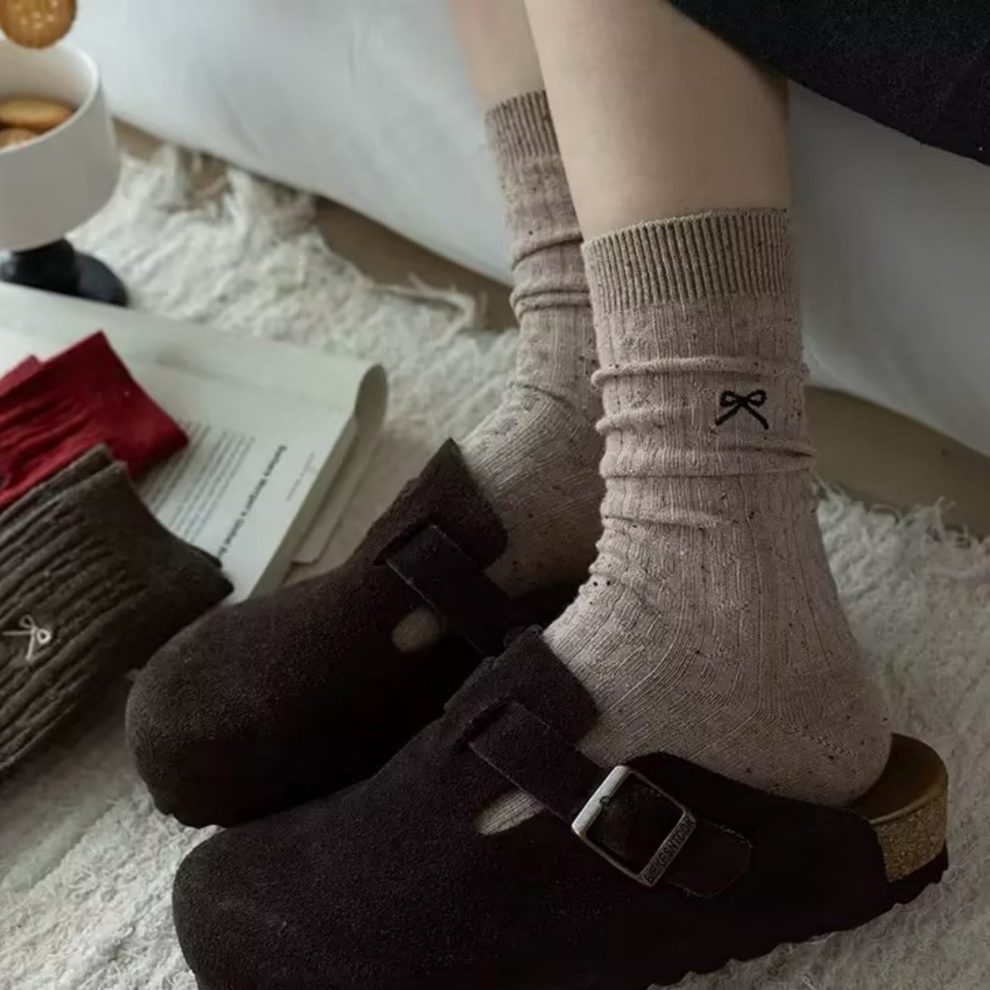 3-Pack Ribbed Crew Socks with Subtle Flecked Texture and Mini Embroidered Bow Accent
